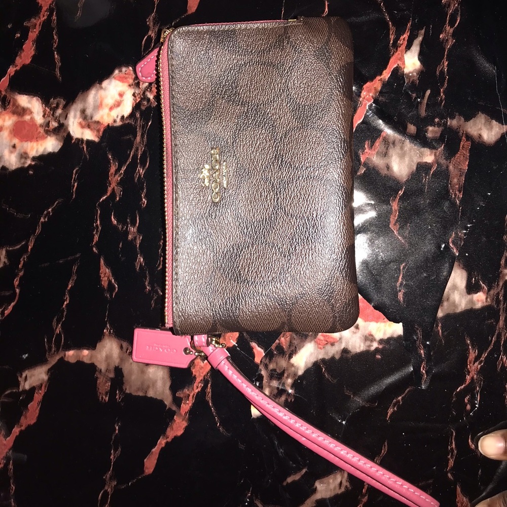 COACH Double Zip Wallet Wristlet Signature Brown